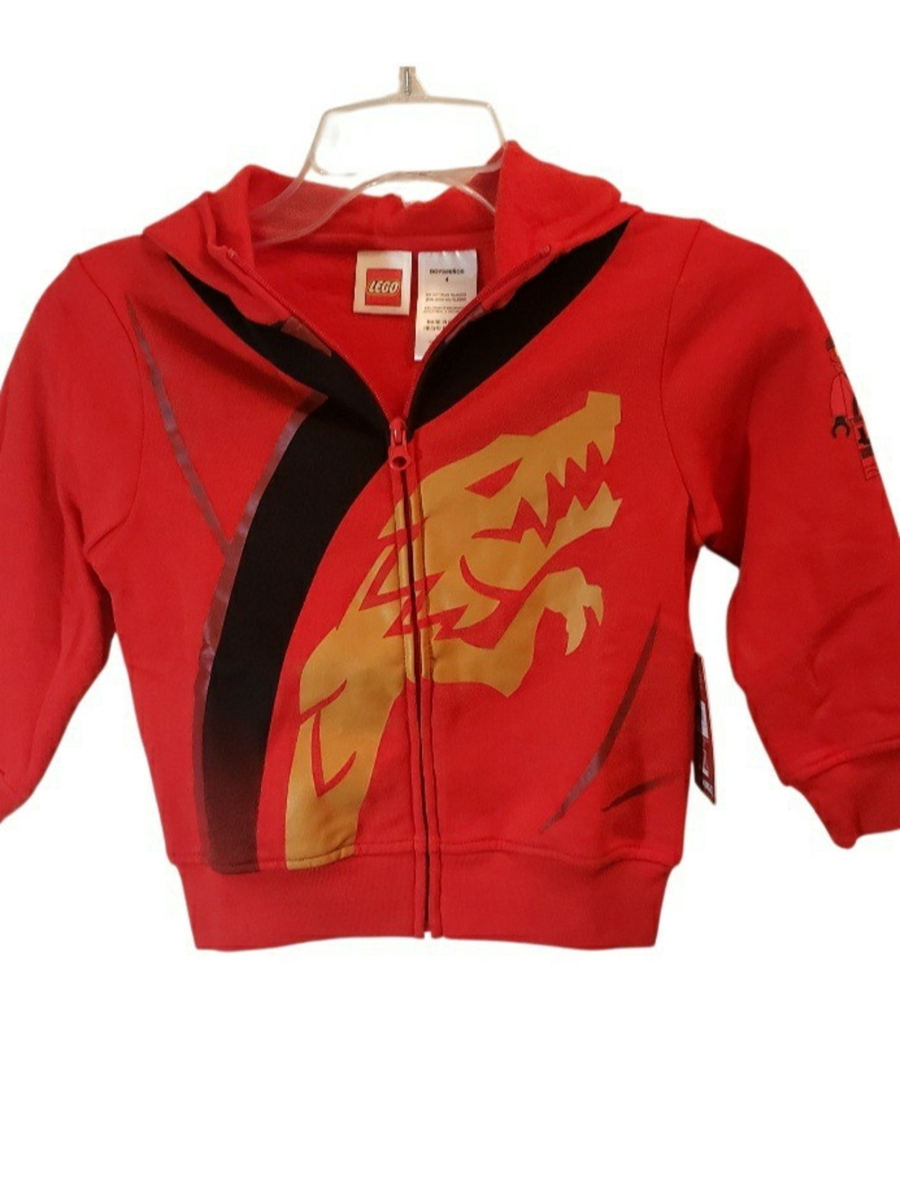 LEGO Red Dragon Ninjago full-zip hoodie for boys features a gold Kai dragon. New